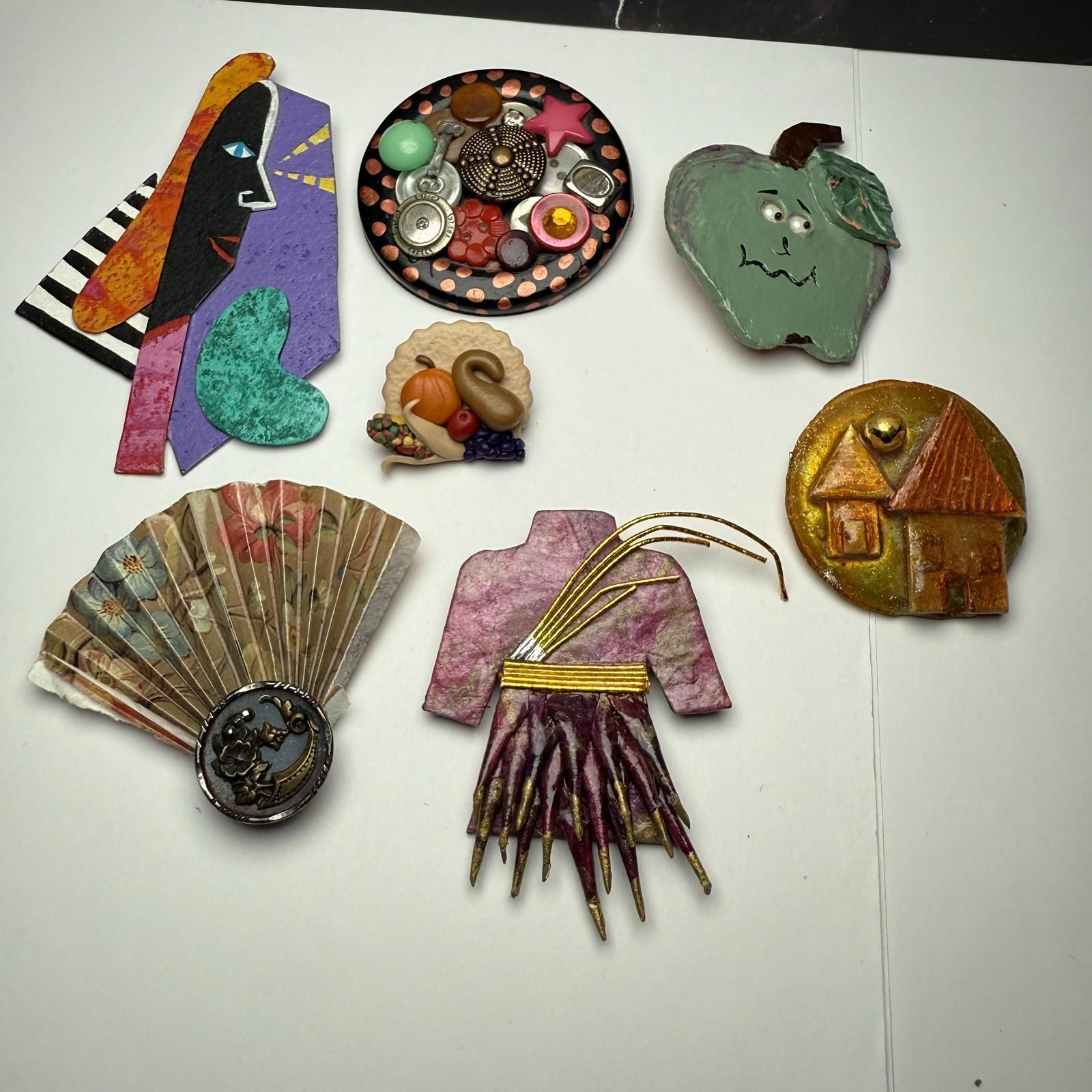 Handcrafted Handmade Colorful Novelty Brooch Pin Lot Of 7 Apple House Fan Etc